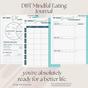 Puede incluir: Un diario de alimentación consciente DBT imprimible con secciones para hacer un seguimiento del estado de ánimo, la preparación semanal de nutrientes, la responsabilidad diaria de los nutrientes y la planificación de las comidas. El diario incluye secciones para hacer un seguimiento de la ingesta de agua, la calidad del sueño y los refrigerios. El diario está diseñado para ayudar a las personas a desarrollar hábitos alimenticios conscientes.