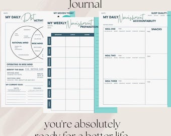 May include: A printable DBT Mindful Eating Journal with sections for tracking moods, weekly nourishment preparation, daily nourishment accountability, and meal planning. The journal includes sections for tracking water intake, sleep quality, and snacks. The journal is designed to help people develop mindful eating habits.