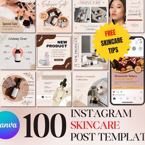 100 SkinCare Instagram Canva Template, Instagram Templates for Business - Instagram Templates Canva - Editable Template