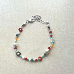 Handmade Colorful Beaded Flower Bracelet With Pearls And Crystals, Boho Adjustable Seed Bead Jewelry, Dainty Summer Gift For Her
