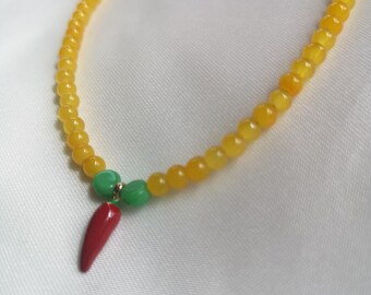 Yellow Beaded Necklace with Chili Pepper Pendant – Handmade Colorful Glass Bead Lucky Charm, Summer Statement Jewelry Gift