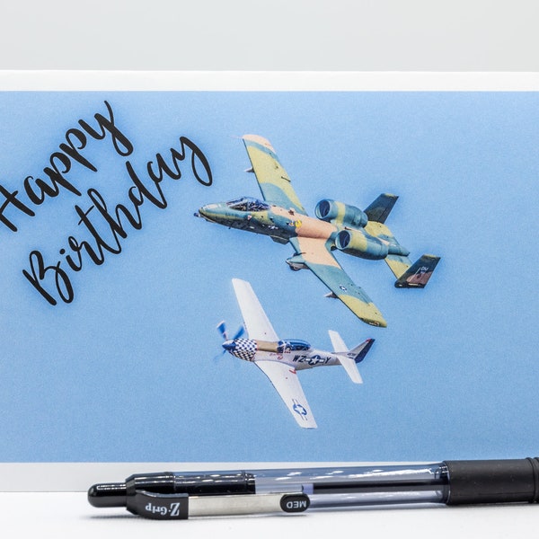 Afdrukbare Happy Birthday P51 & A10 gevechtsvliegtuigen kaart
