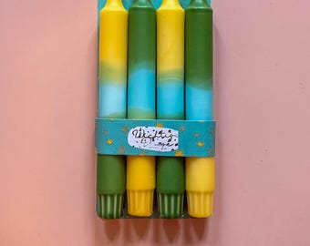 Dip Dye Kerzen 4er Set Dschungelfieber – Dunkelgrün, Türkis & Senfgelb, Stabkerzen