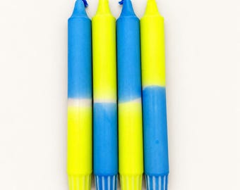 Neon Kerzen 4er Set Sun & Sky – Blau und Gelb, handgefärbte Dip Dye Stabkerzen