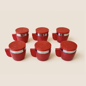 Juego de 6 tazas de espresso italianas vintage - Tazas apilables INOXRIV rojas de los años 70 con tapa - Revestimiento de acero inoxidable