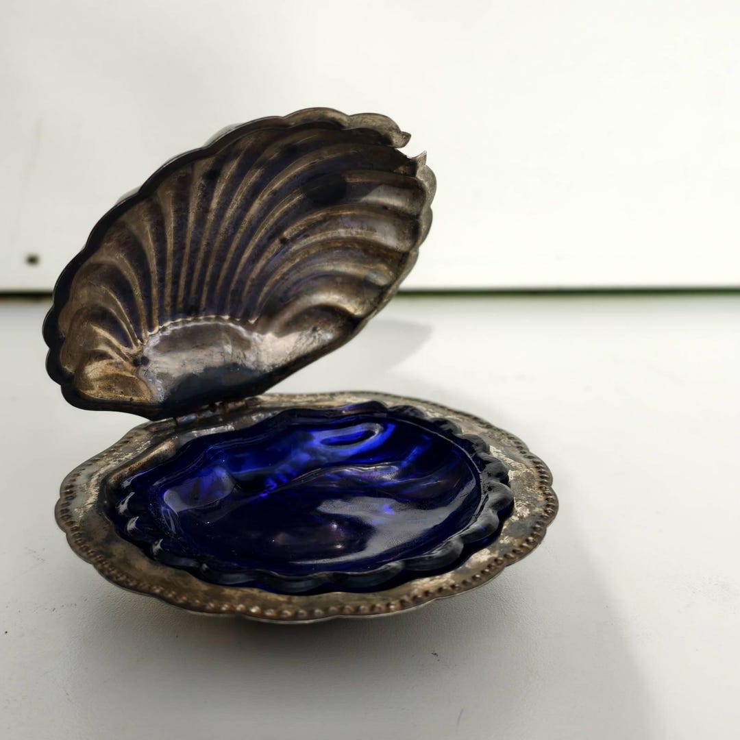 Caviar Shells Caviar Clamshell With Cobalt Blue Glass Dish for Butter Silver Plated ...
