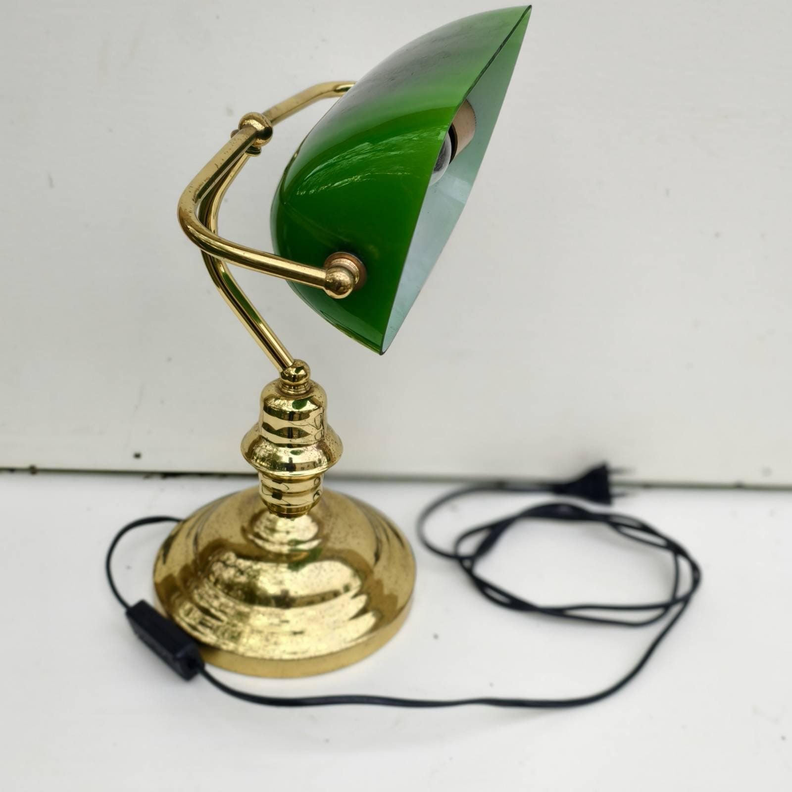 Banker table lamp Retro desk lamp. Brass golden chromed body and green opaline glass