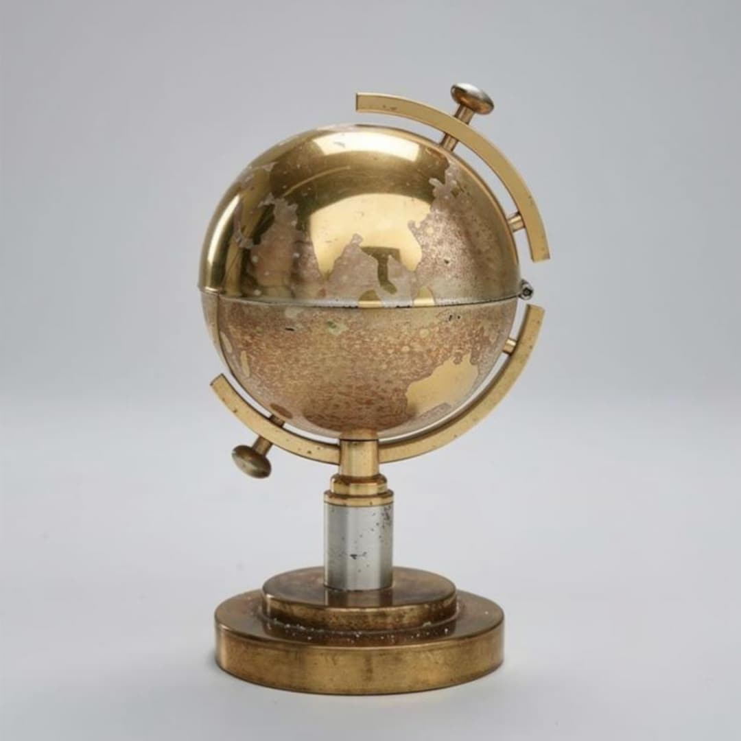 World Globe Table Lighter, Antique Brass Desk Accessory, for Him