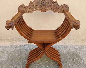 Vintage folding lions heads chair Savonarola Renaissance throne furniture
