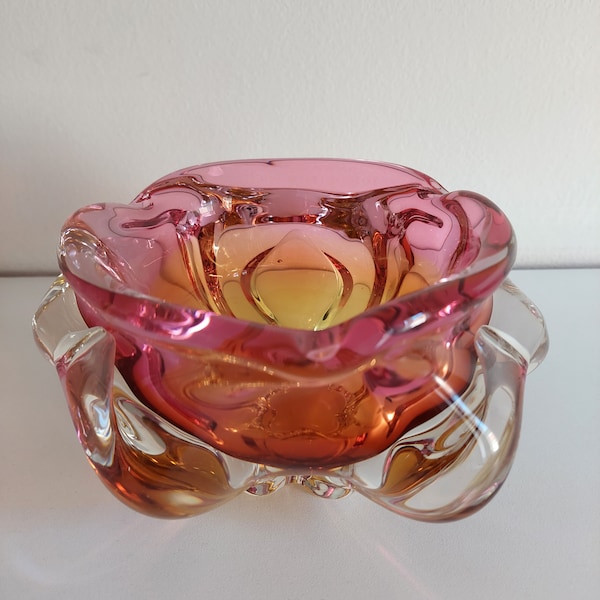 Heavy submerged Glass Bowl boho vintage artistic by Josef Hospodka for Chribska Glassworks 1960s. Gift for Mother's day/boyfriend/girlfriend