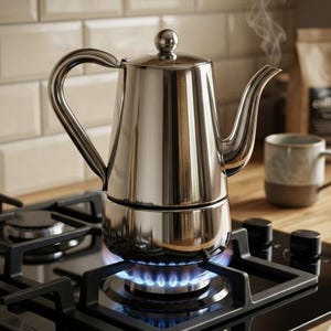 May include: A shiny, stainless steel stovetop espresso maker with a curved handle and spout, sitting on a gas burner with a blue flame. Steam rises from the spout. A mug and coffee bag are in the background.