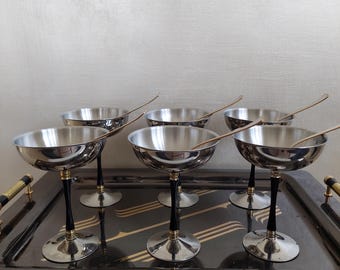hohe Metallgläser / -tassen Champagnerpartys, Edelstahltassen mit 24kt Gold- und Schwarzveredelung 6er-Set (kleine Löffel und Tablett inklusive).