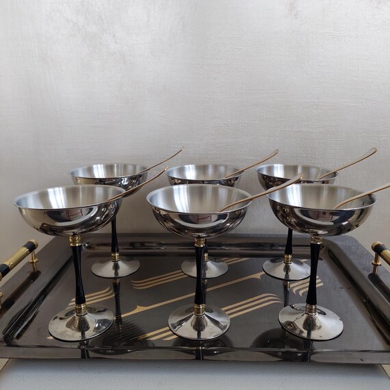 tall metal glasses/cups champagne parties, stainless steel cups with 24kt gold & black finishing set of 6 (little spoons and tray included).