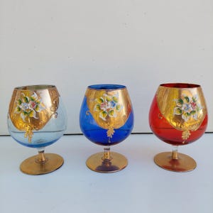 Murano Brandy Glasses, 24kt Gold Floral Detail, Set of 3