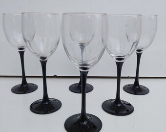 Vintage 70"s wine water glasses "LUMINARC" with black stem and base. glasses set of 6.  made in France