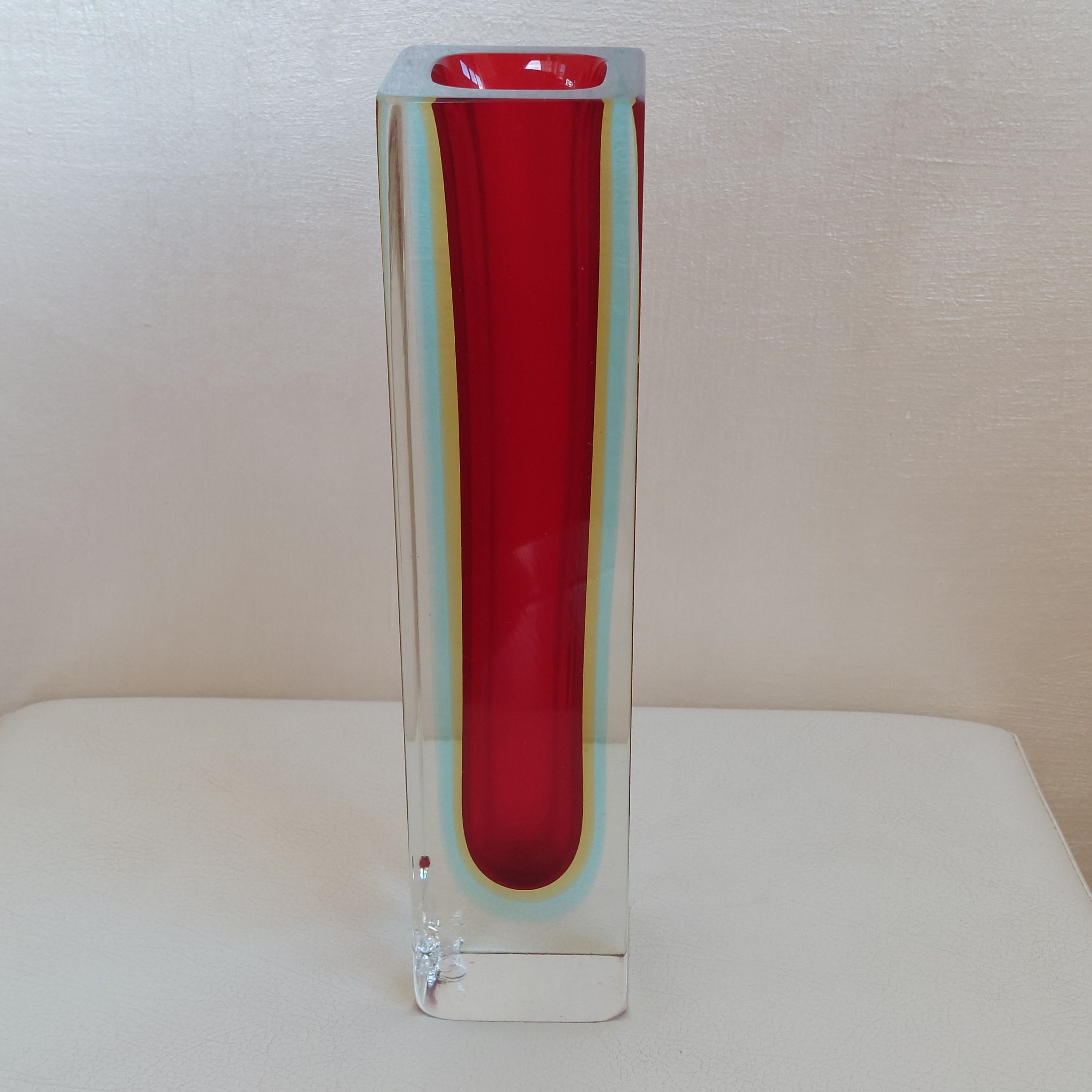 ヴィンテージ フラビオ・ポリ ムラーノガラス花瓶：赤と黄色の