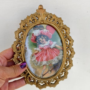 Brass Victorian Ladies Silk Print Artwork. Wall picture with decorated metal structure