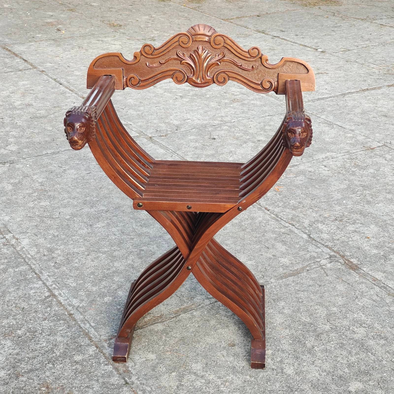 Vintage Folding Lions Heads Chair Savonarola Renaissance Throne