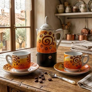 Może przedstawiać: Ceramiczny ekspres do kawy z pasującymi filiżankami i spodkami. Ekspres do kawy jest pomarańczowo-żółty ze spiralnym wzorem. Filiżanki i spodki mają podobny wzór. Ziarna kawy i łyżeczka leżą na drewnianym stole.