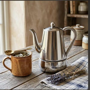 May include: A stainless steel stovetop espresso maker and a brown ceramic mug with tea and a spoon. A bundle of lavender and a blue and white checkered napkin are on a wooden table. Decorative jars are in the background.