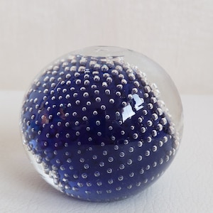 paper press/paperweight in heavy submerged MURANO GLASS, blue sphere with bubbles.