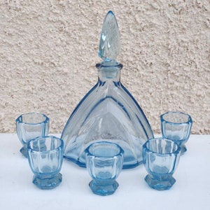 Glass decanter set light blue ribbed glass decanter crystal shot glasses with bottle