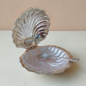 May include: A silver-toned metal clam shell dish with a hinged lid that opens upwards. The interior of the shell features a smooth, pale pink finish. A small, matching silver-toned metal spoon rests inside the bottom half of the shell dish.