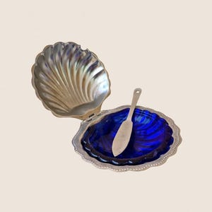 Vintage Clamshell Butter Dish - Silver Plated Scallop Shell with Cobalt Blue Glass Liner and Knife
