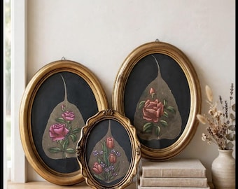 Vintage Pipal Leaf Paintings – Hand-Painted Roses, Botanical Art Set