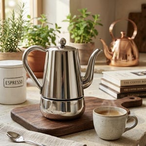 May include: A stainless steel stovetop espresso maker with a curved spout and handle sits on a wooden cutting board. A small ceramic cup of coffee and a spoon are nearby. A copper kettle and potted plants are in the background.