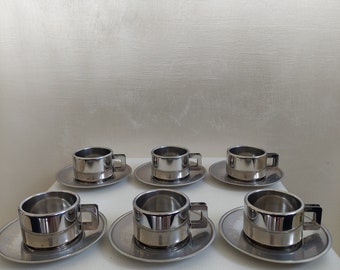 Ensemble de 6 tasses vintage en acier inoxydable à café moka avec soucoupes par « STO casalinghi » Made in Italy