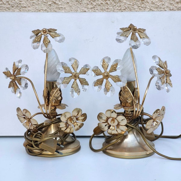 Antique table lamps with crystals Retro desk lamp abat jour set of 2 golden polished brass