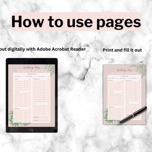 May include: A digital and printable wedding budget planner with a pink background and floral accents. The planner includes sections for ceremony, reception, and other wedding expenses.