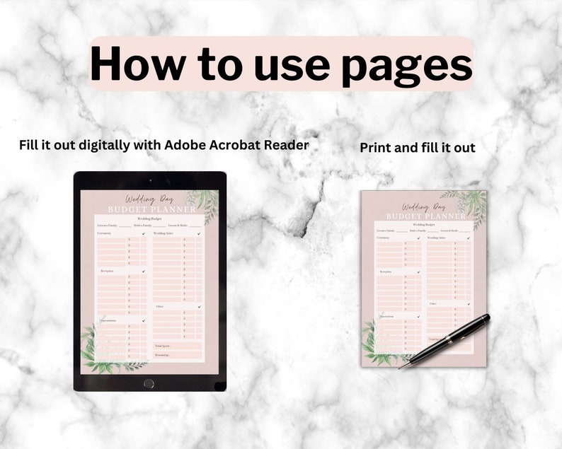 May include: A digital and printable wedding budget planner with a pink background and floral accents. The planner includes sections for ceremony, reception, and other wedding expenses.