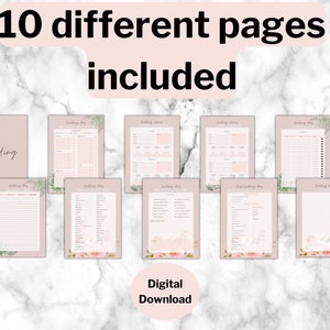 May include: A digital download of 10 printable wedding planner pages. The pages are pink with floral designs and include a budget planner, guest list, emergency checklist, and more.  The text "Wedding" and "Digital Download" are included in the image.