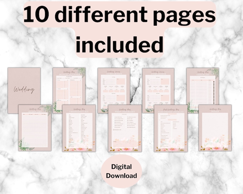 May include: A digital download of 10 printable wedding planner pages. The pages are pink with floral designs and include a budget planner, guest list, emergency checklist, and more.  The text "Wedding" and "Digital Download" are included in the image.