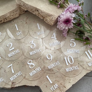 Baby Milestone Cards - Set Of 15 Clear Acrylic Round Photoshoot Discs - 'Hello World', 1 Day, 1 Week, 1-11 Months 1 Year. Gender Neutral