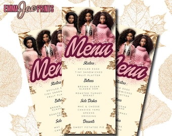 Editable Black Doll Friendsgiving Menu, 4 x 8.5 Printable Menu for Friendsgiving, Instant Canva Download