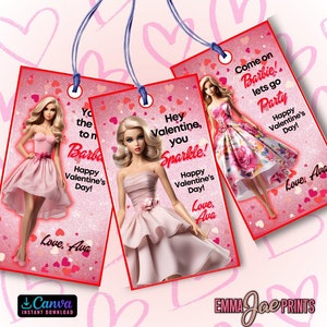 Tag modificabili per dolcetti di San Valentino per bambole (2x3,5 pollici), tag per bambole rosa di San Valentino, download istantaneo di Canva, modello di tag per insegnanti gratuito incluso
