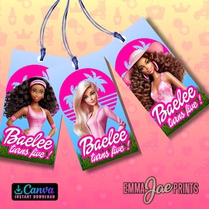 Étiquettes de faveur d’anniversaire de poupée modifiables, téléchargement imprimable de poupée, modèle de fête de poupée rose, téléchargement instantané de Canva
