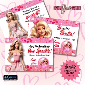 Cartoline di San Valentino per bambole modificabili (3,5 x 5 pollici), Carte di classe di San Valentino per bambole rosa, Download istantaneo di Canva, Aggiungi il nome e la FOTO del tuo bambino