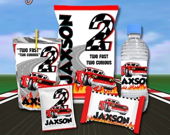 May include: A collection of party favors with a race car theme. Includes a juice box, chip bag, water bottle, and candy wrappers, all featuring a red race car, the number 2, and the name "Jaxson". The phrase "Two Fast Two Curious" is also present.