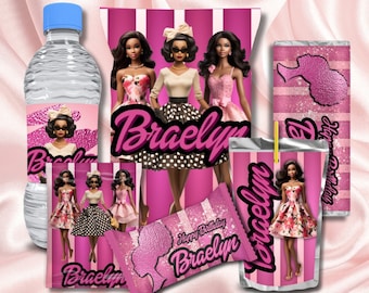 Editable Black Doll Birthday Snack Labels, Caprisun, Rice Crispy Treat, Hershey bar, Fruit Snacks, Water Bottle, & Chip Bag Template.