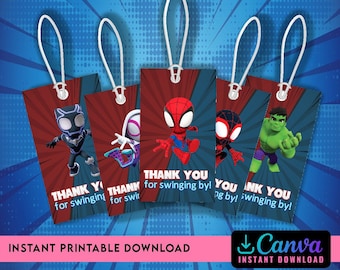 Etiquetas de agradecimiento de Spidey y sus amigos, etiqueta de regalo de Spider man, fiesta de cumpleaños de superhéroe, favores de superhéroe, descarga editable instantánea de CANVA