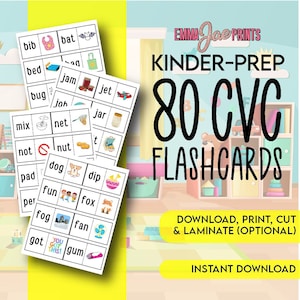 CVC 単語フラッシュカード、幼稚園準備、80 枚の CVC フラッシュカード、フォニックスの練習、ホームスクール、幼稚園、CVC 単語の学習、フラッシュカードと画像