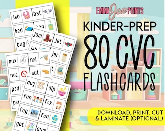 May include: A set of 80 black and white CVC flashcards with colorful illustrations. The flashcards are designed for kindergarten preparation and feature words like "bib", "bat", "bed", "jam", "bug", "jet", "jar", "mix", "net", "nut", "not", "dog", "pad", "dip", "per", "fun", "fox", "fog", "fan", "got", and "gum".