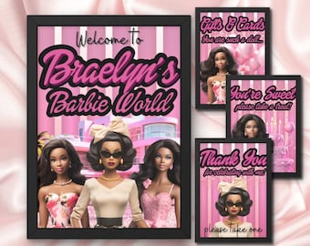 Editable Black Doll Birthday 8x10 Table Sign Bundle, Doll Printable Download, Pink Party Template, Instant Canva Download