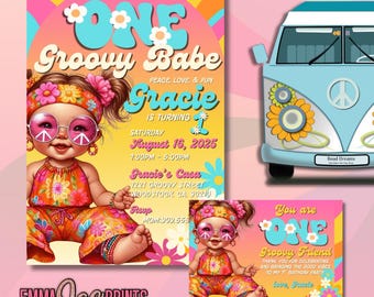Invito per il primo compleanno di Groovy Babe: festa hippie retrò (modello modificabile, download digitale)