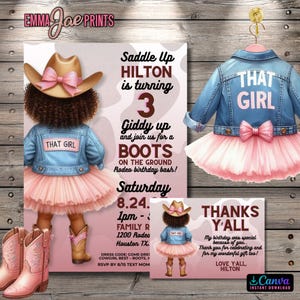 Editable Black Cowgirl Rodeo Birthday Invitations & Thank You Card Template, Boots on the Ground Party Invite, Instant Canva Download