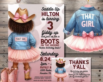 May include: A birthday invitation set with a cowgirl theme. The design features a cartoon illustration of a girl in a denim jacket, pink tutu, and cowboy boots. The invitation includes the text "Saddle Up Hilton is turning 3".